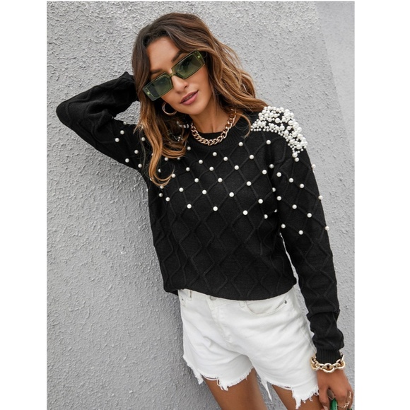 Pearl Embellished Black Knit Textured Sweater - Picture 6 of 14